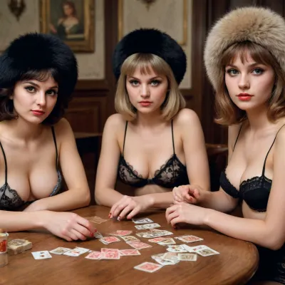 Three young women are playing strip cards at a table. Two topless and wearing short shorts, one in a fur coat, fur hat and black tights. There are cards on the table, a bottle of vodka, glasses, sandwiches with caviar and sausage. Against the background of the old Soviet cuisine of the 80s