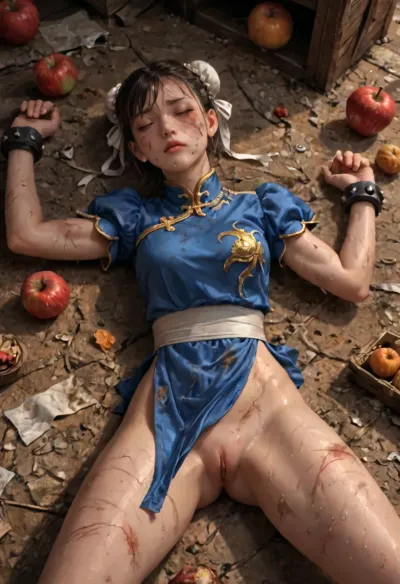 Chun Li, Street Fighter video game series, fair skin, light brown hair styled in two buns with white ribbons, eyes closed, unconscious, defeated, passed out, ((bruises on face, bruises on arms, bruises on legs, sweaty skin, dust on skin)), after tough battle, lying on floor, paving stones on floor, head thrown back on floor, mouth opened, iconic blue qipao with white accents, large white belt, spiky bracers, slender, (shaved pussy exposed), thigh gap, apples and oranges scattered on floor, debris, top angle, in chinese medieval market, sunny, sunlight_str1, <lora:Chun-Li-SDXL:.8>, <lora:肮脏环境-XL:.8>, <lora:sunlight_str1-SDXL_v1-dim64-steps1691:.8>, <lora:detailed_notrigger:.8>