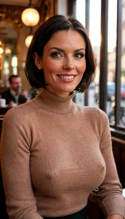 Closeup POV photo of 45-years-old woman, (((young busty skinny MILF))), beautiful, fit, ((slim)), skinny, (((big tits busty))), (((very short dark brunette black bob hair slicked back))), (((taupe turtleneck wool sweater))), tight wasp waist, hourglass figure, red carpet photo backdrop, big sexy smile showing teeth, beautiful detailed eyes, depth blur, key visual, vibrant, highly detailed, early morning light, golden hour, in Paris France bistro restaurant cafe, on a date, at a table, glass of wine, large breasts, (((laughing))), braless, Wearing, clothes, that, make, sense, with, Braless>, but, <lora:bombshell_v2:1.6>, <lora:MJ52:2>, <lora:add-detail-xl:2>, <lora:bralessSDXL_v1_00022:1.4>, <lora:BUT_SDXL_SHS:1>