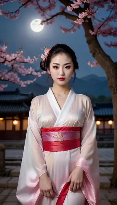 The setting of an ancient Chinese castle, midnight, bright moonlight, a huge full moon in the dark sky, a huge blooming sakura tree growing in the center of the square, a gorgeous tall geisha standing at the base of the tree, the geisha taking off her outfit, showing off her gorgeous pale smooth skin, her natural breasts slightly shifting due to their large size, erect nipples with soft pink areolas attract the viewer's gaze, the girl is dressed in a translucent white kimono, (a play of colors, different options for delicate colors of clothes), the moonlight falls on the girl illuminating her magnificent body, the girl is 21 years old, long straight hair, professional makeup, lots of foundation, bright scarlet thin lips, a small neat nose, expressive outlined eyes, high eyebrows, thick airy eyelashes, posing in front of the camera, full frame, full growth, ideal anatomy of the female body., fflix-geisha, <lora:Fflix-Geisha:.8>