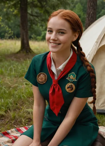 A young woman in a Girl Scout uniform smiles while kneeling on a blanket outdoors, with a tent canvas and trees visible in the background. The picture features a young woman with fair skin, light red hair styled in two long braids, and a friendly smile. She is wearing a classic dark green Girl Scout uniform, consisting of a short-sleeved collared shirt and a matching skirt. On her head, she wears a dark green beret with a "GS", (Girl Scouts), emblem and a red, white, and black striped detail. A dark green sash with the number "131" and the words "HIGHLAND EMPIRE" in red is draped across her shoulder, adorned with multiple badges, some appearing to be embroidered with animals and other symbols. A yellow neckerchief is tucked into her shirt collar. She is kneeling on an old, patterned blanket that appears to be spread on the ground. Behind her, a beige canvas tent or tarp is visible, creating a natural outdoor setting. In the background, out-of-focus green foliage and trees suggest a wooded or forested area. The lighting appears natural and soft, highlighting her face and part of her body. The overall atmosphere of the picture is cheerful and wholesome, conveying a sense of youth and outdoor adventure. There are no animals visible in the picture.