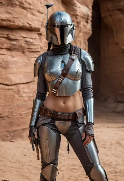 Uber realistic, 8k, ultra detailed, masterpiece, Star wars female, mandalorian, hair with a long braid, grey armor, black belt, black boots, grey mandalorian helmet, full Body Photo in sci fi setting, Future, Star wars, pussy, exposed, (pussy in view), (exposed pussy), (show pussy), bottomless, nude