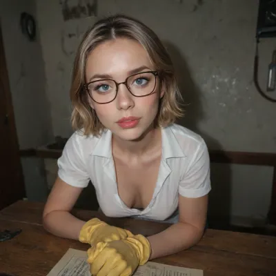 Scope_9, score_8_up, score_7_up, This image presents a woman with a focused expression looking directly at the viewer, set in what appears to be butchery or morgue environment, with an unsettling ambiance.
The composition centers around a woman, framed from the chest up, positioned on a reflective stainless steel surface of a butchery table, suggesting she is lying down. The perspective is from the viewer's point of view lying on the stainless steel surface, viewing angle approximately 1 inch above the butchery table surface. Dried blood splatters are scattered on the stainless steel surface, adding an element of disquiet. The background features a morgue or butchery athmoshere with bloodstained tile walls, hook rails attached at the walls, various butcher tools hanging from the hook rails, meat hooks with half pig halves hanging from ceiling, three stainless steel coffins stacked on top of each other at the rear wall. The lighting is focused on the subject's face, making it the central point of the image.
The woman is the primary subject, wearing nerdy glasses and a focused expression and eureka look to viewer, folded up bloodstained faceshield, yellow rubber gloves. She rests her arms on what appear a stainless steel table, supporting herself as she gazes directly at the viewer. Bloodstained garden prune shears and a bloodstained carpenter claw hammer lie clearly visible in front of her on the stainles steel table. Her expression is a mix of intensity and perhaps apprehension. Her hair is light brown and pulled back, and her face shows no distinct emotion. The direct eye contact establishes a connection with the viewer.
The image has a strong cinematic or photographic quality, with a focus on realism. The use of natural lighting in the background, contrasting with the direct, artificial lighting on the subject, is noteworthy. The choice of colors, particularly the green background and the red of the blood, heightens the atmosphere. The technical execution shows a high degree of detail, emphasizing textures and the reflective quality of the floor.
The setting appears to be an institutional space, possibly a butchery or a medical facility like a morgue, indicated by the shelving and the cold, metallic environment. The lighting is dim, casting shadows that suggest mystery. The scattered blood creates a stark contrast against the clean environment, contributing to the suspenseful and eerie atmosphere. The overall mood is one of tension and ambiguity, drawing the viewer into the scene and prompting questions about the narrative., mooning, glove, <lora:mooningv2_SDXL:2>, <lora:adjusting glove XL-v1:1.5>