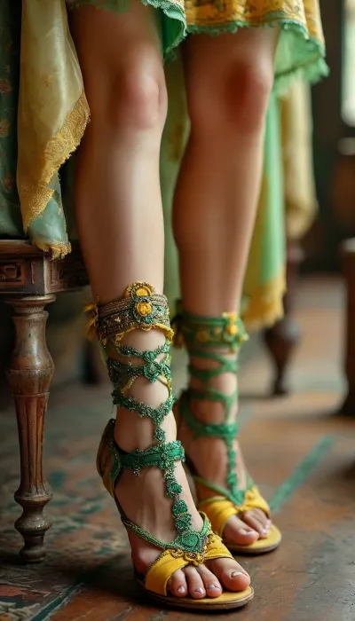 (Shoes {sandals}{yellow and green}{ornate}{no hosiery}), (masterpiece, best quality, high resolution:1.1), (showing legs and shoes), <lora:add-detail-xl:1.2>, <lora:MJ52:.8>, <lora:BUT_SDXL_SHS:.8>