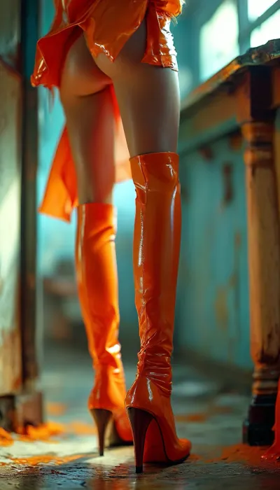 (Boots {high high}{latex}{orange}{no hosiery}), (masterpiece, best quality, high resolution:1.1), ((view from behind, no panties, view of pussy and legs and shoes)), <lora:add-detail-xl:1.2>, <lora:MJ52:.8>, <lora:BUT_SDXL_SHS:.8>