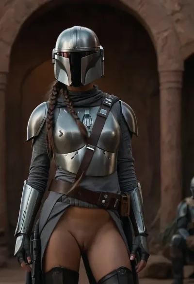 Uber realistic, 8k, ultra detailed, masterpiece, Star wars female, mandalorian, hair with a long braid, grey armor, black belt, black boots, grey mandalorian helmet, full Body Photo in sci fi setting, Future, Star wars, pussy, exposed, (pussy in view), (exposed pussy), (show pussy), bottomless, nude