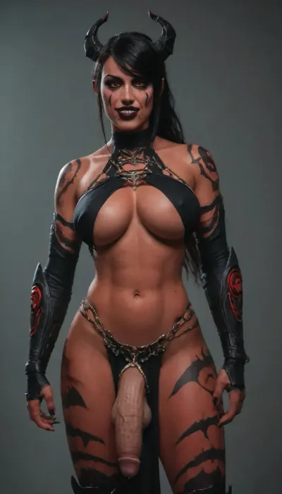 ((((Samus Aran)))), ((((((black transformer body:2)))))), ((((((devil vampire skin:2)))))), (((dancer outfit))), big breasts, score_9, score_8_up, score_7_up, (((futanari))), (((huge flaccid))), (((enticing the viewer forward in a seductive manner))), demonic tail, ineffective loincloth partially covering penis, standing seductively, huge, cock, anime, hugest, man, ever, cumming, <lora:HugeAnimeCocks:.8>