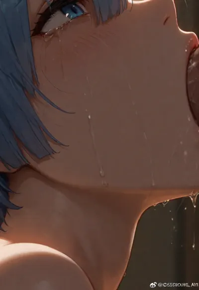 4k, highly detailed, petite girl, petite body, solo, Rem from re-zero, Face closeup, side view, crying, tearing eyes, dick deep inside her mouth, forceful deepthroat
