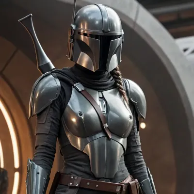 Uber realistic, 8k, ultra detailed, masterpiece, Star wars female, mandalorian, hair with a long braid, grey armor, black belt, black boots, grey mandalorian helmet, full Body Photo in sci fi setting, Future, Star wars, pussy, exposed, (pussy in view), (exposed pussy), (show pussy), bottomless, nude