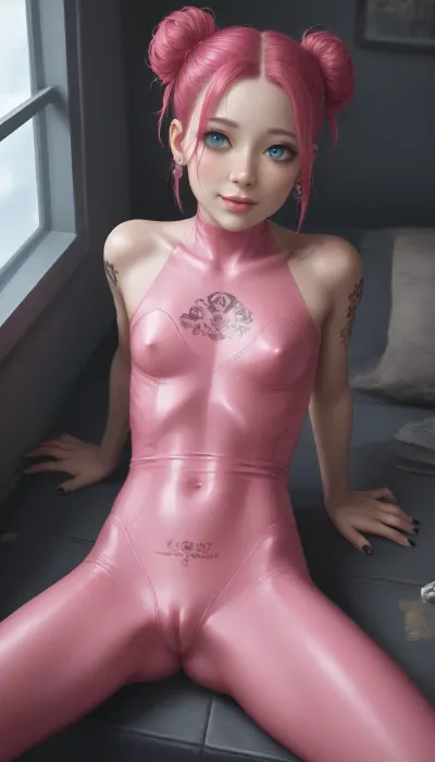 Calypso, girl asian thin build, shoulder-length black and pink hair, tattoo on back, freckles, shy smile, slim 30 year old asian woman, flat chest, blue eyes, round face, full lips, wide nose, tattoos, messy black and pink colored hair in a bun, pierced ears, black nails, soft focus, realistic, detailed, high quality, high contrast, low light, highly detailed, rim lighting, futuristic apartment with neon lights and scattered stacks of books, cloudy sky through large window, wearing a see through pink body suit, from above, legs spread wide, cameltoe