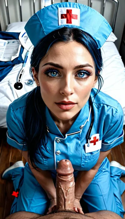 woman, (21 year old nurse:1.4), (wearing blue nurses scrubs, blue nurses scrub top, blue nurses scrub pants:1.3), (high angle shot, on knees looking up into the camera, (soft focus, perfect lighting, professional photography), (ultra realistic, realistic, photorealistic, photo realistic, photorealism, photo realism), (maximum quality, ultra-detailed, insanely detailed, highly detailed, high quality, uncompressed, raw source photograph), (highly detailed eyes, high resolution eyes, high quality eyes, highly detailed skin, detailed skin texture, highly detailed hair), (same color eyes, symmetric eyes, matching eyes, detailed eyes, detailed iris, detailed pupils, limbal ring around iris, perfectly round iris, perfectly round pupils), (striking eyes, captivating eyes, mesmerizing eyes, glittering eyes, Fae eyes), (highly detailed skin, detailed skin texture, highly detailed hair), (bleach blond hair with dark roots, high ponytail), pov_deepthrt, deepthroating, a, man's, penis, blsdp)