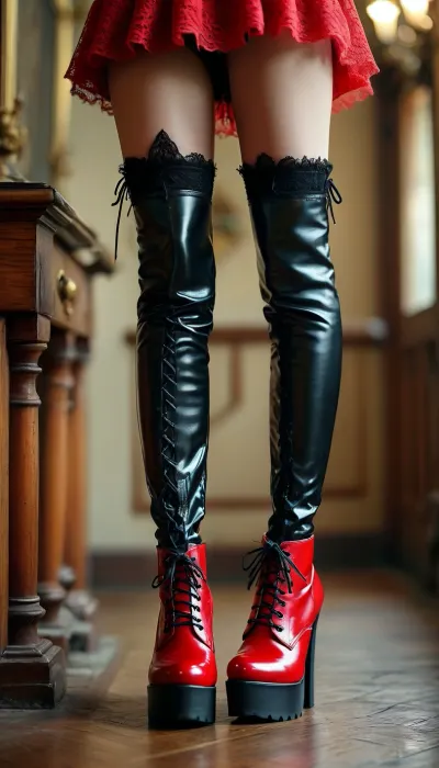 (Boots {thigh high}{platform}{red}{black laces}{no hosiery}), (masterpiece, best quality, high resolution:1.1), showing legs and high heels, <lora:add-detail-xl:1.2>, <lora:MJ52:.8>, <lora:BUT_SDXL_SHS:.8>