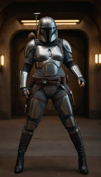 Uber realistic, 8k, ultra detailed, masterpiece, Star wars female, curvy, chubby, busty, huge breasts, mandalorian, hair with a long braid, grey armor, black belt, black boots, grey mandalorian helmet, full Body Photo in sci fi setting, Future, Star wars, pussy, exposed, (pussy in view), (exposed pussy), (show pussy), bottomless, nude