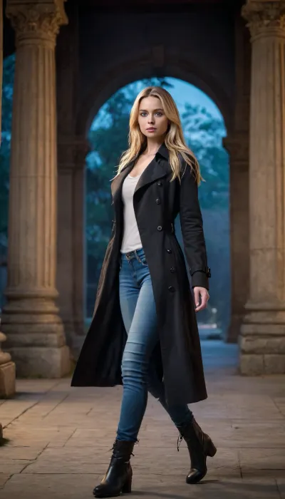 1 Girl, (32 Years old, FULL BODY, Clonated face), (Medium breasts, Neat figure), (Blue eyes, Glowing eyes), (Long hair, Straight hair, Blonde), (In a mysterious ancient temple at midnight), (Sleeveless black trench coat with a crossover design, mid-calf jeans, combat boots), (Extrem long shot, Panoramic shot of her, FULL BODY)