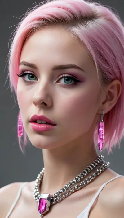 cyber punk, graphic design, pink electronic, girl's face, side view, pretty and cute, silver shiny necklace, silver background, gleaming lips, white skin