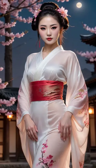The setting of an ancient Chinese castle, midnight, bright moonlight, a huge full moon in the dark sky, a huge blooming sakura tree growing in the center of the square, a gorgeous tall geisha standing at the base of the tree, the geisha taking off her outfit, showing off her gorgeous pale smooth skin, her natural breasts slightly shifting due to their large size, erect nipples with soft pink areolas attract the viewer's gaze, the girl is dressed in a translucent white kimono, (a play of colors, different options for delicate colors of clothes), the moonlight falls on the girl illuminating her magnificent body, the girl is 21 years old, long straight hair, professional makeup, lots of foundation, bright scarlet thin lips, a small neat nose, expressive outlined eyes, high eyebrows, thick airy eyelashes, posing in front of the camera, full frame, full growth, ideal anatomy of the female body., fflix-geisha, <lora:Fflix-Geisha:1.5>