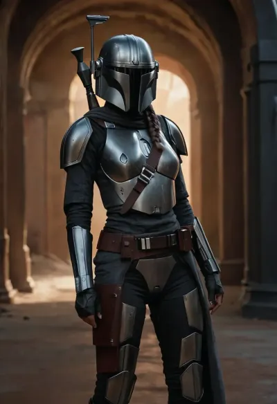 Uber realistic, 8k, ultra detailed, masterpiece, Star wars female, mandalorian, hair with a long braid, grey armor, black belt, black boots, grey mandalorian helmet, full Body Photo in sci fi setting, Future, Star wars, pussy, exposed, (pussy in view), (exposed pussy), (show pussy), bottomless, nude