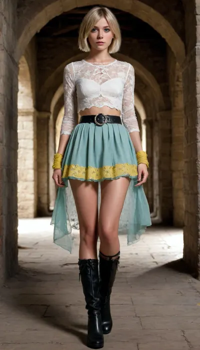 1 Girl, (25 Years old, FULL BODY, Clonated face), (Skinny, Slim body), (Light blue eyes, Glowing eyes), (Short hair, Bob cut, Blonde), (In A Dark Dungeon), (See-through white lace top, wide black belt with yellow flower, long open dark green skirt, knee-high gladiator lace-up boots), (Extrem long shot, Panoramic shot of her, FULL BODY), flat, chested, <lora:flat_chested_v3.5:1.4>