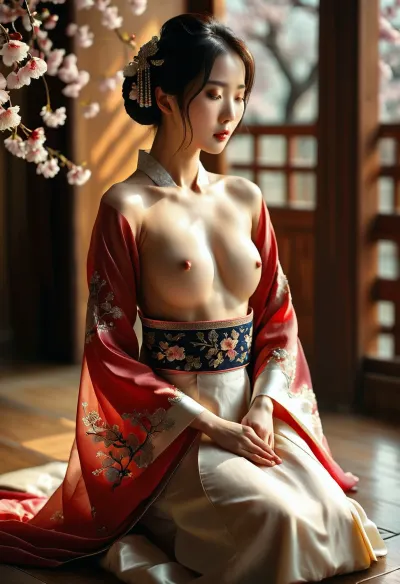 A photorealistic, highly detailed depiction of a 25-year-old Korean beauty, with distinct Korean facial features, exuding elegance and subtle allure, undresses a traditional 14th-century Korean Hanbok, (exposed stunning nude body underneath:1.3), (highly detailed rendered nipples:1.2), Korean Hanbok featuring richly detailed fabrics, elegant patterns, and delicate embroidery, standing gracefully on a wooden floor, surrounded by authentic traditional Korean architecture and blooming cherry blossoms, bathed in warm, soft sunlight that highlights every detail of her skin, clothing, and expression, with perfectly rendered hands and feet, and the background slightly blurred to keep the focus on her, creating an atmosphere of pure elegance and subtle seduction, (maximum photo quality:1.4), (maximum resolution:1.5), <lora:MJ52:.6>, <lora:Super_Eye_Detailer_By_Stable_Yogi_SDPD0:.3>, <lora:BUT_SDXL_SHS:.3>, <lora:Sweaty_Realism_4-000006:.8>