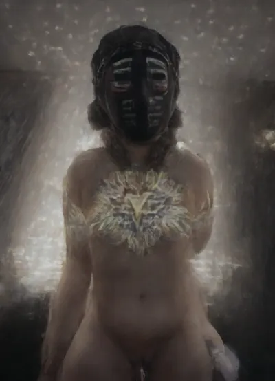 (casual photo flash:2), (((candid pose:2))), (slightly overexposed:2), ((awkward angle:1.9)), ((composition is lacking)), (nighttime), (no ambient light), (single harsh flash from the camera), (overexposed flash highlights on subject), (sharp shadows behind and around her), (noise in all darker areas), (wet surfaces reflecting small highlights), (flat lighting due to direct flash), (cool white balance:1.3), (cyan-tinted shadows from digital camera sensor), (fluorescent-like artificial lighting tint), (background remains visible due to flash, but lacks blur or depth separation), (urban street environment:2), (scene "Myspace"), (2000s), (90s digital aesthetic), (flat chested), (low quality photo), (old camera), (flash photo), (gritty), (realistic environment), (analogic style), (film grain), (low contrast), (unfiltered), (jpeg artifacts), (unedited), (cellphone photography), (no ambient lighting), (lights off), (Polaroid flash camera), (cool indoor lighting), (direct flash photography), (overexposed flash), (strong shadows), (sharp shadows), (low contrast:2), (noise in dark areas), (shiny reflections on surfaces), (sharp background), (background in focus), (no background blur), (clear background details), (fluorescent lighting tint), (cyan-tinted shadows), (artificial lighting with cyan hue), (Scene-Queen), (optional), (Myspace), (picture), (bad quality), (old digital camera), (raw), (light leak), (low res), (low quality), (90s style), (80s), (analogic), (1990s), Ultra definition image, young woman with thick voluptuous body, generous breasts and ass, squatting with legs very widely spread, (hands pressing her breasts), (dildo inserted in anus, black, massive:1.5), massive breast, black haired, dense black leather bondage harness with multiple crossed straps, extra large gold nipple rings, large labia piercing, long burgundy hair styled in two high pigtails, (with leather Bondage Mask Hood Head Harness covering whole face:1.5), tattoos, "Obey" on lower belly, black floral and tribal motifs on hips and thighs, urban dump, piles of trash, metal scraps, puddles, graffiti, scattered bottles and debris, lots of cum spot on tigh and belly
daylight filtering through nearby buildings, cinematic shadows, shallow depth of field, ultra realistic photography, 50mm lens, 8k, view from slightly above, full body visible, slightly 3/4 angle, ghost, wide, polaroid, film, photography, longnightout, <lora:Nipples XL:.5>, <lora:Polaroidv2:1.9>, <lora:late night out_epoch_12:1.7>