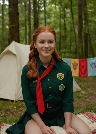 A young woman in a Girl Scout uniform smiles while kneeling on a blanket outdoors, with a tent canvas and trees visible in the background. The picture features a young woman with fair skin, light red hair styled in two long braids, and a friendly smile. She is wearing a classic dark green Girl Scout uniform, consisting of a short-sleeved collared shirt and a matching skirt. On her head, she wears a dark green beret with a "GS", (Girl Scouts), emblem and a red, white, and black striped detail. A dark green sash with the number "131" and the words "HIGHLAND EMPIRE" in red is draped across her shoulder, adorned with multiple badges, some appearing to be embroidered with animals and other symbols. A yellow neckerchief is tucked into her shirt collar. She is kneeling on an old, patterned blanket that appears to be spread on the ground. Behind her, a beige canvas tent or tarp is visible, creating a natural outdoor setting. In the background, out-of-focus green foliage and trees suggest a wooded or forested area. The lighting appears natural and soft, highlighting her face and part of her body. The overall atmosphere of the picture is cheerful and wholesome, conveying a sense of youth and outdoor adventure. There are no animals visible in the picture.