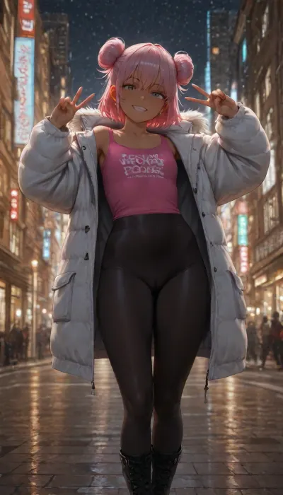 1girl, thin, nerdy, dark skin, smiling, pierced ears, bright gray eyes, short pink hair in a messy bun, open black winter coat, over sized pink tank top with flat chest and pokies, black leggings with camel toe, doc martens boots, standing, arm lifted with peace sign, outside, daytime, snowing, new york city street, cityscape, soft focus, realistic, detailed, high quality, high contrast, low light, highly detailed, rim lighting