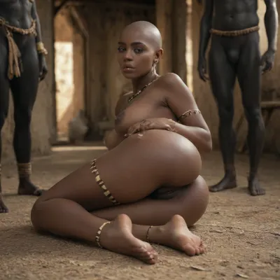 Posing naked, african burnt dark black skin, full body, bald head, hairy pussy, hairy ass, big lips, soles african village, african queen 18yo ebony skinned african woman, beautiful, young, (black skin:1.8), woman, tribal, tribal jewelry, tribal markings, flat, chested, look, at, my, prompts, slimwoman, naked, very, small, breast, <lora:flat_chested_v3.5:.8>, <lora:SDXL_Sevenof9_7th_NSFW:.8>, <lora:slimwoman:.8>