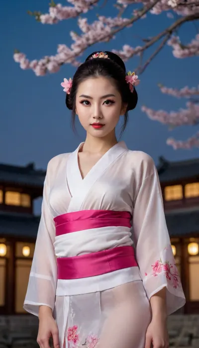 The setting of an ancient Chinese castle, midnight, bright moonlight, a huge full moon in the dark sky, a huge blooming sakura tree growing in the center of the square, a gorgeous tall geisha standing at the base of the tree, the geisha taking off her outfit, showing off her gorgeous pale smooth skin, her natural breasts slightly shifting due to their large size, erect nipples with soft pink areolas attract the viewer's gaze, the girl is dressed in a translucent white kimono, (a play of colors, different options for delicate colors of clothes), the moonlight falls on the girl illuminating her magnificent body, the girl is 21 years old, long straight hair, professional makeup, lots of foundation, bright scarlet thin lips, a small neat nose, expressive outlined eyes, high eyebrows, thick airy eyelashes, posing in front of the camera, full frame, full growth, ideal anatomy of the female body.