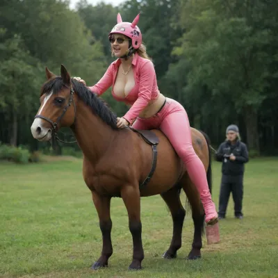 Scope_9, score_8_up, score_7_up, (2:3), aspect ratio, bottom up view, view angle one inch above grass, The photograph presents a woman in riding attire, seen from the side, laughing while holding a long riding crop, positioned near a man in a pink riding suit with delicate playful ruffles in rainbow colours, anonymous face mask, riding helmet, head angled downward looking to viewer, with a locked leather chastity belt, and holding a hobbyhorse with shaggy mane in rainbow colors and unicorn head in his left hand beside his body, creating an intriguing juxtaposition. The woman pulls with their left hand on a short leash attached to the man's collar netal ring.
The scene is composed with the woman in side view on the left, smiling broadly while looking towards the viewer and holding a riding crop, creating the focal point. To her right, a man in a pink suit with a riding helmet sits on an oxer obstacle, wearing an anoymus face mask in white and black . They are arranged on a grassy field in front of an oxer obstacle. The light and framing suggests it's a late afternoon shot, likely outdoors. Their interaction appears to be a dynamic, as the woman seems to be in a commanding role, while the man is more passive.
The amazon 90-60-90 body type woman with perfect hourglass figure wears a skintight leather outfit, including a burgundy unzipped opened short leather bolero jacket which reveals a deep cleavage of her generous bust, most likely silicone fake breasts, and her pierced belly button and "48JDV"-tattoo, far too tight beige jodhpur pants with belt and large glittering MAGA-belt bucket which hugging her sexy apple sized ass, and knee-high dark brown dirty riding boots with high heels and riding spurs. Her hair is braided, mirrored sunglasses eyeglasses perched on her head in the hair, sunglasses not sitting on the nose. She holds a long riding crop and is smiling openly, indicating confidence and possibly amusement. The man wears a skintight pink restraining riding suit made of shiny spandex with straps and buckles, heavy leather collar with front metal ring, leather wrist and ankle cuffs with small metall rings, skintight brown leather suspensory slip with straps and buckles encasing his genital, metal lock in the front, furthermore a anonymus face mask with red chubby cheeks, riding helmet with rainbow-colored horns on the sides and with the inscription "Tampon Tim", pearl necklace with tampons and hobbyhorse are visible.
natural light during golden hour, soft sunlight and warm tones. The setting is an equestrian field. The surroundings consist of a well-maintained grassy field, suggesting an equestrian training ground or a similar environment. The lighting is diffused, with soft shadows, highlighting the subjects. Late afternoon sky with a sunset atmosphere., kisyu, horse, riding, mooning, <lora:kisyu_XL_V1.0:2>, <lora:Cleave:1.6>, <lora:mooningv2_SDXL:1.5>