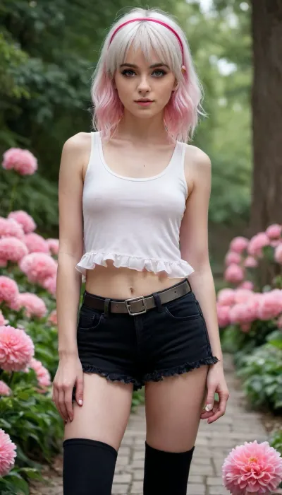 1 Girl, (30 Years old, FULL BODY, Clonated face), (Skinny, Petite, Leafy legs), (Big pink eyes, Sweet look), (Long hair, Bangs, Fluffy ahir, White hair), (In a dark labyrinth), (Peach-colored tank top with translucent ruffles, silver metallic belt, black jeans, black ankle boots, headband in the hair with a huge pink flower), (Extrem long shot, Panoramic shot of her, FULL BODY), flat, chested, <lora:flat_chested_v3.5:1.2>