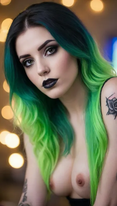 ziprealism, fully naked goth woman, posing nude on an antique chair, (24yo, gorgeous nude goth woman, her body covered with traditional tattoos), (full body portrait), (soft breasts, heavy goth makeup), (neon green hair, shimmering hair, dark roots, long hair, sophisticated hairstyle, voluminous hair, black roses in hair, dark eyebrows:1.8), (oversized expressive eyes, innocent doe eyes, delicate face, angular jaw, flawless porcelain skin:1.4), (soft bokeh, layered composition, analog lens:1.6), (detailed eyes, perfect eyes, natural skin texture, photorealistic skin texture), (4k, uhd, uncompressed, raw photography)