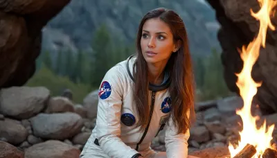 high resolution, rich colors. beautiful slender 35 year old brunette woman, (skinny:1.2), (tanned skin:1.3), darklight, In a stone cave by a campfire, (in dressed as an astronaut), she's Sitting on a rock in front of a bonfire, (very Long hair, hair in ponytail), view from side, (close-up:1.5), .