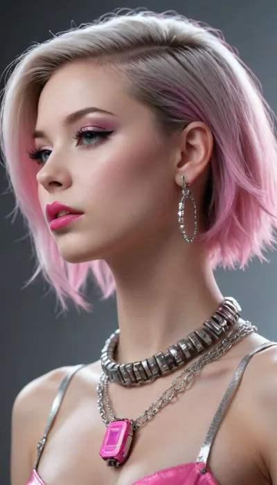 cyber punk, graphic design, pink electronic, girl's face, side view, pretty and cute, silver shiny necklace, silver background, gleaming lips, white skin
