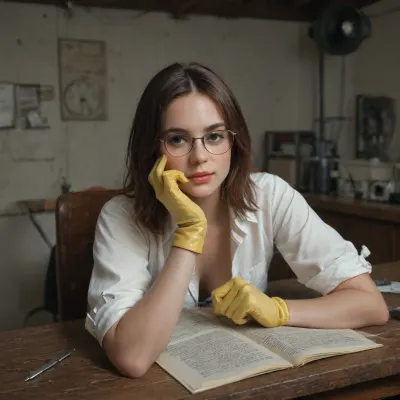 Scope_9, score_8_up, score_7_up, This image presents a woman with a focused expression looking directly at the viewer, set in what appears to be butchery or morgue environment, with an unsettling ambiance.
The composition centers around a woman, framed from the chest up, positioned on a reflective stainless steel surface of a butchery table, suggesting she is lying down. The perspective is from the viewer's point of view lying on the stainless steel surface, viewing angle approximately 1 inch above the butchery table surface. Dried blood splatters are scattered on the stainless steel surface, adding an element of disquiet. The background features a morgue or butchery athmoshere with bloodstained tile walls, hook rails attached at the walls, various butcher tools hanging from the hook rails, meat hooks with half pig halves hanging from ceiling, three stainless steel coffins stacked on top of each other at the rear wall. The lighting is focused on the subject's face, making it the central point of the image.
The woman is the primary subject, wearing nerdy glasses and a focused expression and eureka look to viewer, folded up bloodstained faceshield, yellow rubber gloves. She rests her arms on what appear a stainless steel table, supporting herself as she gazes directly at the viewer. Bloodstained garden prune shears and a bloodstained carpenter claw hammer lie clearly visible in front of her on the stainles steel table. Her expression is a mix of intensity and perhaps apprehension. Her hair is light brown and pulled back, and her face shows no distinct emotion. The direct eye contact establishes a connection with the viewer.
The image has a strong cinematic or photographic quality, with a focus on realism. The use of natural lighting in the background, contrasting with the direct, artificial lighting on the subject, is noteworthy. The choice of colors, particularly the green background and the red of the blood, heightens the atmosphere. The technical execution shows a high degree of detail, emphasizing textures and the reflective quality of the floor.
The setting appears to be an institutional space, possibly a butchery or a medical facility like a morgue, indicated by the shelving and the cold, metallic environment. The lighting is dim, casting shadows that suggest mystery. The scattered blood creates a stark contrast against the clean environment, contributing to the suspenseful and eerie atmosphere. The overall mood is one of tension and ambiguity, drawing the viewer into the scene and prompting questions about the narrative., mooning, glove, <lora:mooningv2_SDXL:2>, <lora:adjusting glove XL-v1:1.5>