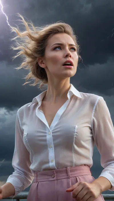 russian woman, opened blouse, floating hairs, (female meteorologist releases a probe near an observatory), lightning in the sky, stormy weather, pastel painting