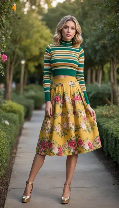 1 Girl, (30 Years old, FULL BODY, Clonated face), (Huge breasts, Slender waist, Wide hip, Sturdy legs), (Green eyes, Glowing eyes), (Medium hair, Wavy hair, Blonde), (The Garden of Eden), (Colorful horizontal striped turtleneck sweatshirt, long yellow wide skirt with floral print, elegant gold high heels), (Extrem long shot, Panoramic shot of her, FULL BODY)
