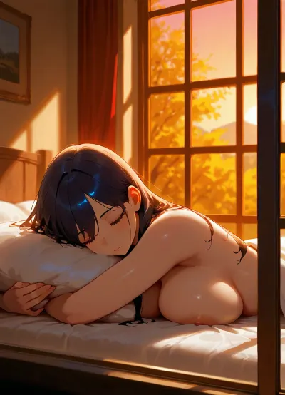 masterpiece, 4K best quality, high quality, absurdres, intricate details, very awa, depth of field, very aesthetic, rating, explicit, 1girl, black hair, long hair, large breasts, closed eyes, closed mouth, nude, lying, on stomach, head on pillow, sleeping, under covers, indoors, bed, pillow, solo, window, open window, (from outside:1.3), <lora:aesthetic_anime_v1s:1.2>