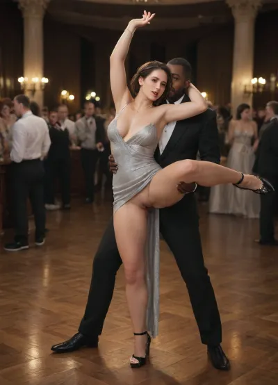 (Jill Valentine from Resident Evil 3 on a dance floor, elegant jewelry, ballroom:1.3), interracial sex, standing sex, the woman has lifted one leg and wrapped it around the man's waist, the man is holding the woman's leg, the man's penis is inserted into her vagina, the woman is facing the man, (fully clothed, form-fitting evening dress with a side slit, very beautiful cleavage, black lace-up salsa shoes:1.2), dress pulled up, (man and woman dancing, intense vaginal intercourse while dancing:1.3), sex man and woman, sex sounds, moaning, flushed cheeks, dim light, candlelight, deep shadows, night, slightly exposed, erect nipples, (dark-skinned African man, handsome, bearded, tuxedo, penis pulled out of his pants, massive black penis:1.1), ballroom, (many people nearby, spectators:1.3), semen running down the woman's leg.
