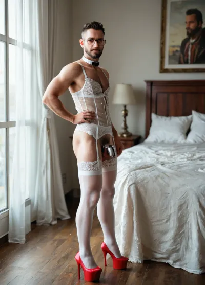 very close up penis chastity cage view, close up penis chastity, lot of cum leaking out from chastity, sissy gay men, gay men, hairy chest guy, clean shaved penis, wearing white satin push bra, wearing stockings, 55 years old, with black beard, black short haircut, wearing glasses, angular jawline, in a dark dungeon jail, side view, gay men with beard, hairy, flat hairy chest, men face, with a beard, sissy boy gay masculine body, hairy body, hairy hands, hairy legs, male muscular men gay wearing large white satin push bra, with cock in metal chastity cage, his penis in metal chastity device, no pubic hair, lot of cum leaking from chastity device, massive cum ejaculation out from chastity cage, (full frame view), wearing lace gloves with white ruffle lace, looking at the viewer, intense stare, look at the viewer, eye contact, looking viewer, naked, wearing white nylon shiny fully fashioned stockings with white back seam, wearing black satin garter belt with white lace, wearing shiny nylon stockings with black back seam, wearing large white and black lace satin transparent see through push bra, gay men he is wearing red stiletto high heels fetish platform shoes, wearing white satin garter belt with red lace and black nylon shiny fully fashioned stockings with black back seam, in front of a windows in a luxurious villa, all large windows with see through Victorian curtains, luxurious interior Victorian room background, standing with both hands on hips for a photo shoot, ultra-detailed, masterpiece, photo-realism, realistic, wearing latex corset, leather bdsm collar, best quality, view from side, wearing white satin full push bra, close up penis chastity view, side perspective view