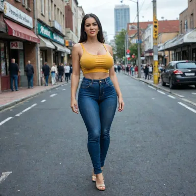 30 year old Columbian goddess, straight black hair, full figured, larger breasts, large butt, tight blue jeans, yellow crop top, standing in the street of Columbia facing the viewer, look of excitement on her face