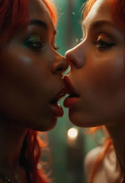 In a nightclub bathroom, (ultra close view of lips while lesbian interracial kissing:1.3), (a 23 years old red haired Scandinavian woman eagerly kissing female lips of black haired African woman:1.5), while, (applying her green iris in an extreme close-up:1.5), (highly detailed rendered red lips:1.4), her lips perfectly defined, she has an alternative style with a nose piercing and earrings, the bathroom is dimly lit with warm colors and a worn, grimy atmosphere, the walls and tiles show signs of neglect, contrasting with her flawless makeup, including perfect eyelashes, eyeliner, and iris details, tongue, out, ahegao, drool, <lora:detailed_notrigger:2>, <lora:SDXLFaeTastic2400:2>, <lora:MJ52:2>, <lora:Italian_girl:2>, <lora:ahegao_sdxl_v4:.8>