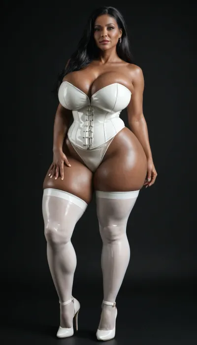 (milf:1.1), black african busty mature woman, black room, black background, (extremely long smooth black hair:1.5), (wide_hips:1.4), (Massive ass:1.1), (massive breasts:1), (thick thighs:1.2), front view, posing, white rubber corset, white rubber panties, white garterbelt, white high heels, white stockings.