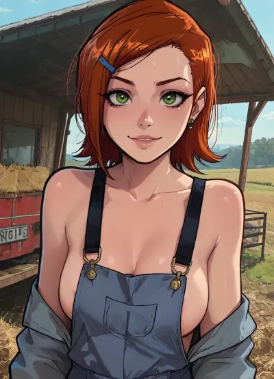 1woman, 25yo, overalls, topless, naked_overalls, overall_straps_fall_off_the_shoulder, mischievous grin, boobs_out, underbreast, solo, petite, large breasts, flashing_heavy_breasts, realistic, outdoors, looking_at_viewer, orange_hair, sexy, day, heavy_sagging_breasts, green_eyes, long_hair, sky, (/Ben10), /, (ultra, HD, quality, details), (green eyes), (inside the barn:.7), near hay bales, a tractor in the background, ((Melkor mancin meet markgavatino style)), reiq style, ratatatat74, SamDoesArts, <lora:LCMTurboMix_Euler_A_fix:1.1>, <lora:ratatatat74-000050:1.8>, <lora:mk_Bp Anime_xl:1.2>, <lora:焦茶_XL:2>, <lora:SDXLSamDoesArts:1.6>