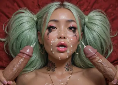 high detail of the face, girl, filipina, (asian face:1.9), (very skinny), bimbo slut, covered in cum, cum on face, cum dripping, open mouth, tounge out, (hairstyle with five pigtails and straight bangs, shiny light green hair), (very big plump lips), purple color eyes, beautifull eyes, artificial eyelashes, rounded big breasts, (flat cheasted:1.4), (bimbo makeup, intense saturated glossy lipstick:1.5), show nude tits, stockings, heels, in a bedroom lying on her back, on a bed, seductive, at night, sweet tiny butt, jewellry, bracelets, necklaces, nipple ringsnipple, nipple ringsnipple rings, pussy view, slit pussy, full, body, tattoo, <lora:FBT-000002:.8>