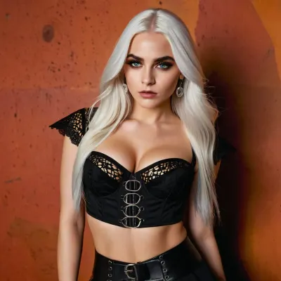 The image shows a young woman with long, straight, white hair styled with a subtle wave at the ends. She has dramatic heavy goth makeup featuring bold, heavy winged eyeliner, dark eyeshadow, defined eyebrows, and full extra long lashes. Her complexion is fair, and she has an annoyed expression.
Her outfit consists of a black lace and mesh corset-style crop top with structured cups revealing her big cleavage. The top features intricate lace patterns and subtle shiny accents, giving it a glamorous, edgy vibe. She pairs this with high-waisted black skirt, secured by a wide black belt with silver grommets and spikes and a large, rounded silver buckle. A small decorative silver chain hangs from the belt, adding an additional stylish detail.
She accessorizes with large hoop earrings and holds a smartphone in her hand with a colorful, comic-inspired phone case featuring bold designs and bright colors like red, yellow, green, and blue on a black background. The setting is a bathroom with beige and brown tiled walls. The picture shows the whole body. Fujifilm XT3, analog style, professional DSLR photograph, natural lighting, masterpiece, highest quality, RAW image, gothic, emo
