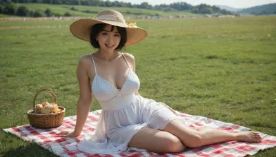 Asian, Japanese mom, big tits, wide hips, thick thighs, narrow waist, white sun dress, sun hat, open field, picnic, smiling