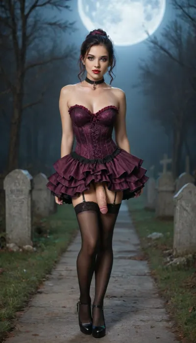 solo gothic futanari posing in a graveyard, perfect tall body, long legs, intricate long black hair, hair in Classic low curly updo, ((magenta satin full corset, magenta mid-thigh satin skirt with ruffles, petticoat)), (erect penis inside black transparent panties, scrotum), ((skirt very scrunched up, skirt pulled up shows erect penis)), black stockings, garter belt, stockings, high heels platform, ((chest Gothic Cross Choker, red lips, vampire fangs, fang points visible, bare arms)), ((sexy slut poses)), (full moon, nighttime), (detailed face, detailed hair:1.1), cinematic lighting, 8k, masterpiece, (realism:1.1), (realistic:1.1), (hyper realistic:1.1), (ultra realistic:1.1), fair skin, ((high detailed skin)), high quality, detailed skin texture, (highly detailed hair), highly detailed body, insanely detailed, highest quality