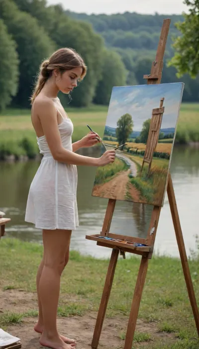 Full body photograph of scantily clad French painter, painting a picture of the countryside on an easel, by the river