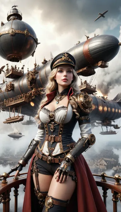 Steampunk, (1girl), A wide shot from outside of an airship into an extremely detailed control center on an antique airship, ultra detailed, fine details, high resolution, a solo blonde female captain on the deck of an airship, wears unique detailed Captain uniform, lace black stockings, red stiletto heels, medium breasts, lace bra, (crotchless:1.5), dashboard, gauges, steam engine and gears in the background, sexy, blue eyes, red cape, gloves, gold patterned necklace, cylindrical hat, goggles, bracelets, (vintage airships battle in the background:1.5), steampunk style grime, top view of earth landscape, sunset, gold-rimmed clouds, translucent in the sun, flat, anchespaceroom, cloudy, smoke, atmospheric, clouds, fog, steampunknoireai, mad-mecharm, <lora:Cloudy_Style:1>, <lora:SteamPunkNoireAIp:.7>, <lora:Gearbound_Mechanical_Arm_SDXL:.8>, <lora:Hell_Constantine_2005_-_Anime:1.6>, <lora:detailed_notrigger:2>