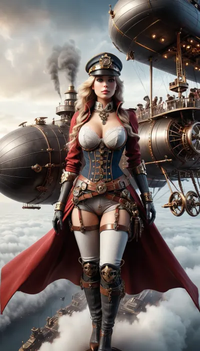 Steampunk, (1girl), A wide shot from outside of an airship into an extremely detailed control center on an antique airship, ultra detailed, fine details, high resolution, a solo blonde female captain on the deck of an airship, wears unique detailed Captain uniform, lace black stockings, red stiletto heels, medium breasts, lace bra, (crotchless:1.5), dashboard, gauges, steam engine and gears in the background, sexy, blue eyes, red cape, gloves, gold patterned necklace, cylindrical hat, goggles, bracelets, (vintage airships battle in the background:1.5), steampunk style grime, top view of earth landscape, sunset, gold-rimmed clouds, translucent in the sun, flat, anchespaceroom, cloudy, smoke, atmospheric, clouds, fog, steampunknoireai, mad-mecharm, <lora:Cloudy_Style:1>, <lora:SteamPunkNoireAIp:.7>, <lora:Gearbound_Mechanical_Arm_SDXL:.8>, <lora:Hell_Constantine_2005_-_Anime:1.6>, <lora:detailed_notrigger:2>